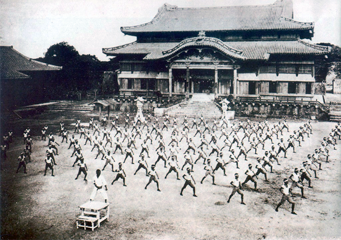 Karate training with Shinpan Gusukuma sensei at Shuri Castle c.1938 image